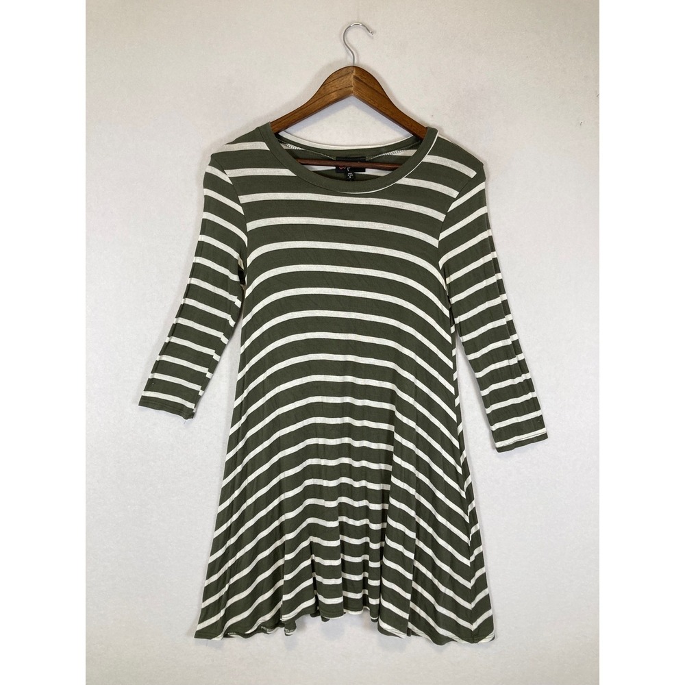 Boho Poof! Women Small Olive Green White Striped 3/4 Sleeve Babydoll Tunic Dress